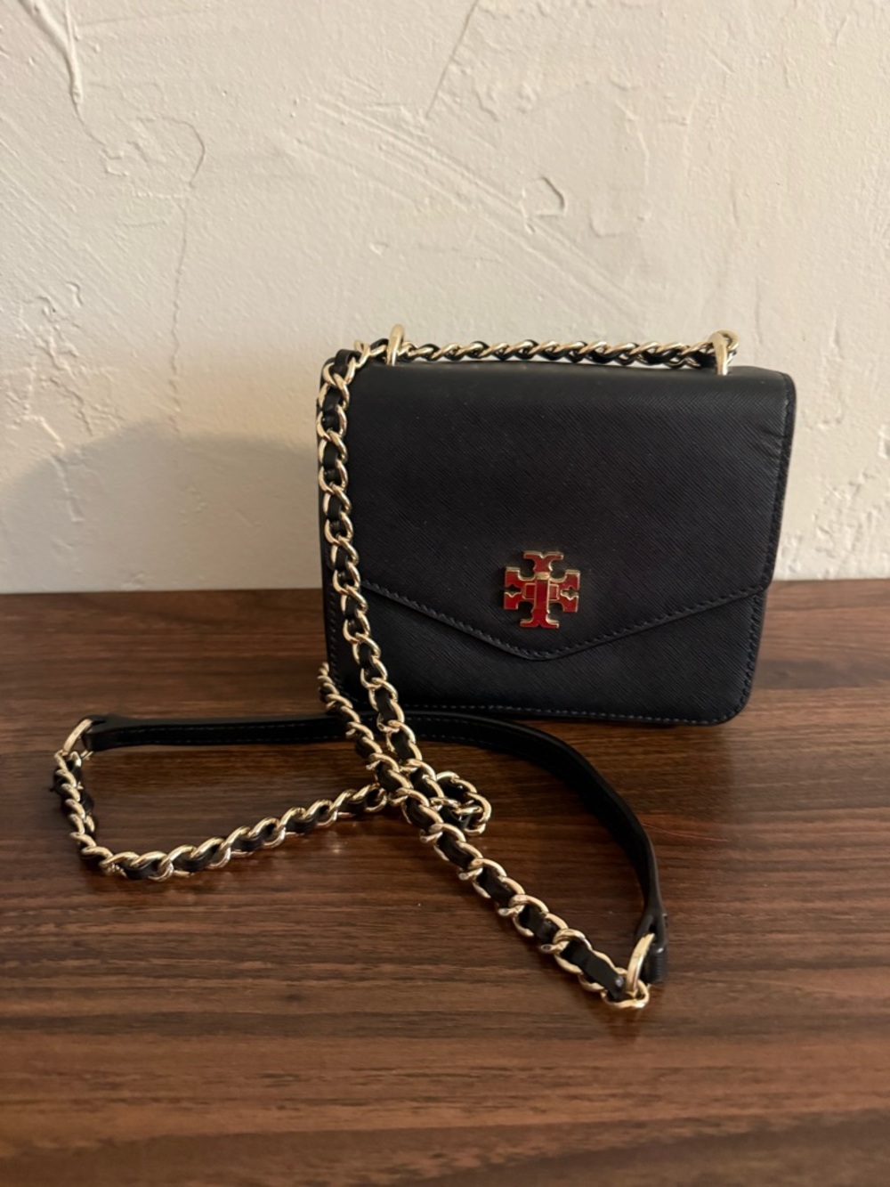 Tory Burch Black Leather Crossbody with Gold Chain